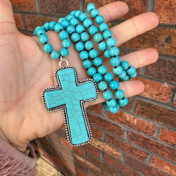 Turquoise Natural Stone Beads Bohemian Western Cross Necklace - Picture 6 of 12